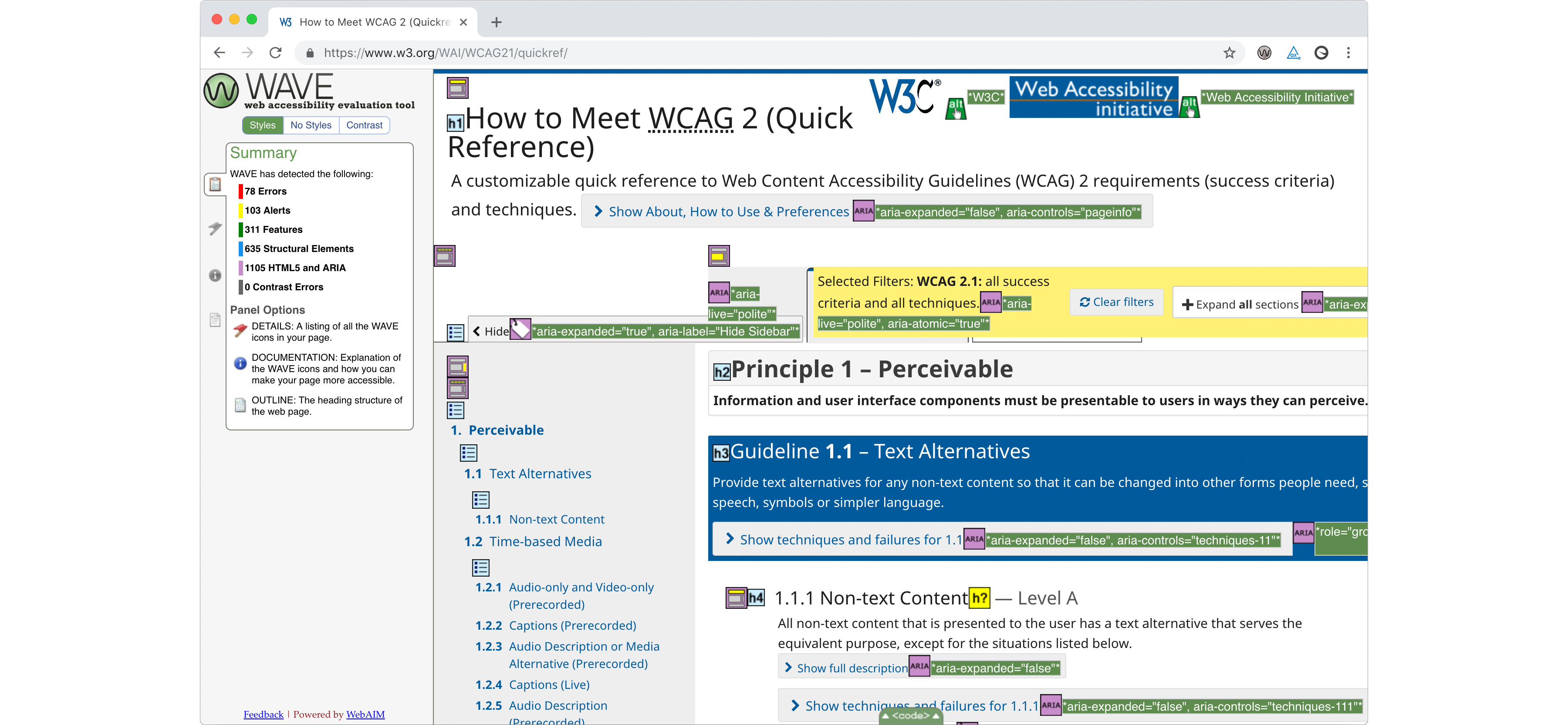 Screenshot of WAVE accessibility tool